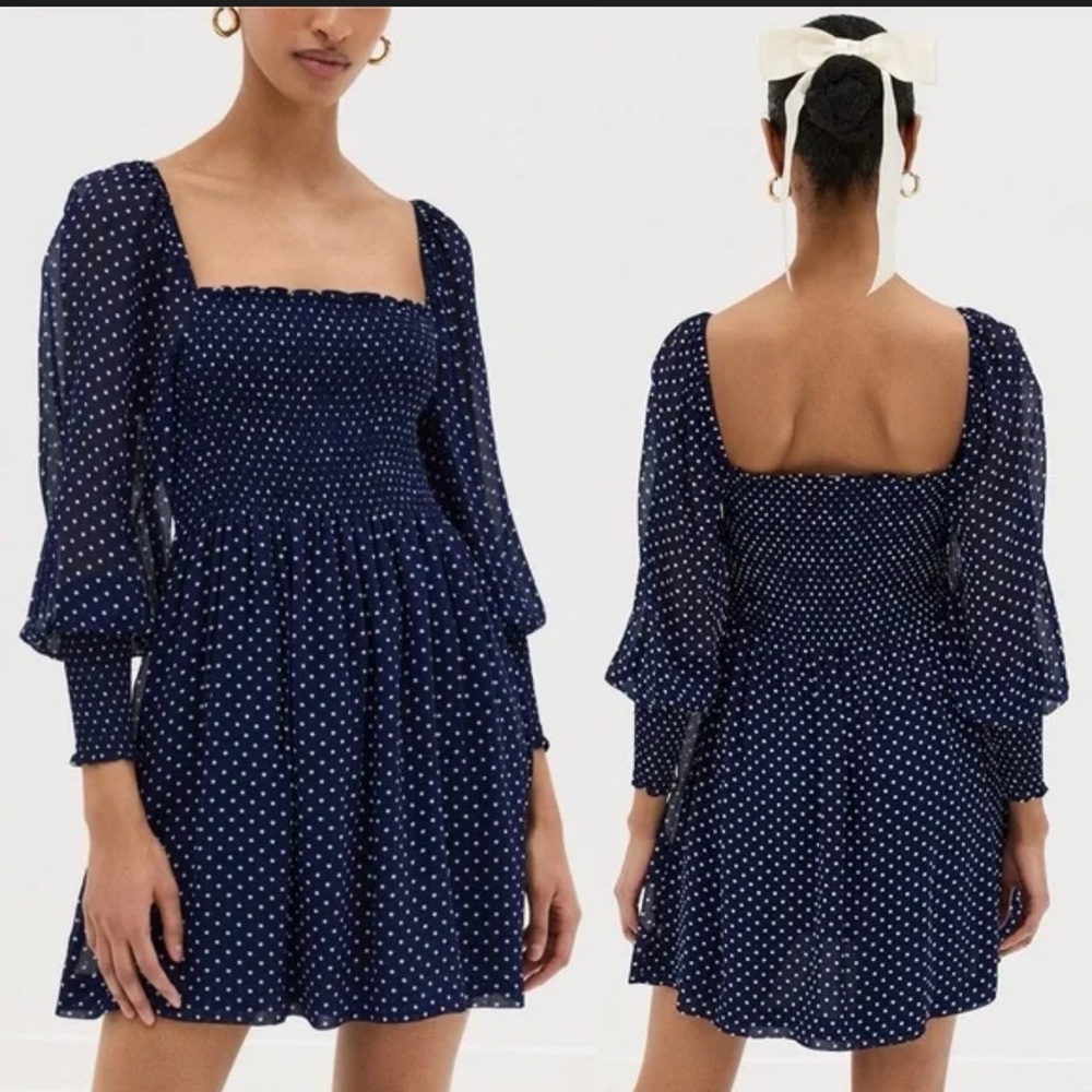 Hill House Navy Blue Polka Dot Long Sleeve Square Neck Dress